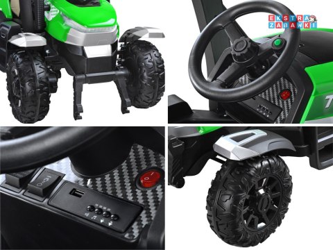 Duży traktor z przyczepą na akumulator - zielony, 4x45W 12V/14Ah, pilot, LED, ekoskóra, pasy, panel muzyczny [PA0266]