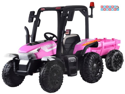 Duży traktor z przyczepą na akumulator - różowy, 4x45W 12V/14Ah, pilot, LED, ekoskóra, pasy, panel muzyczny [PA0266]