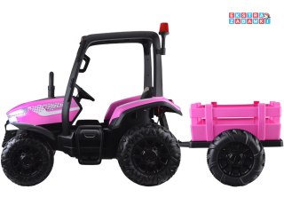 Duży traktor z przyczepą na akumulator - różowy, 4x45W 12V/14Ah, pilot, LED, ekoskóra, pasy, panel muzyczny [PA0266]