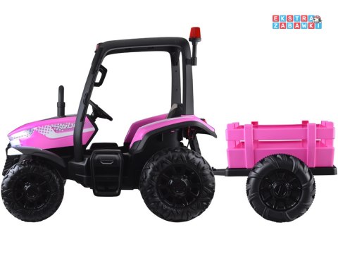 Duży traktor z przyczepą na akumulator - różowy, 4x45W 12V/14Ah, pilot, LED, ekoskóra, pasy, panel muzyczny [PA0266]