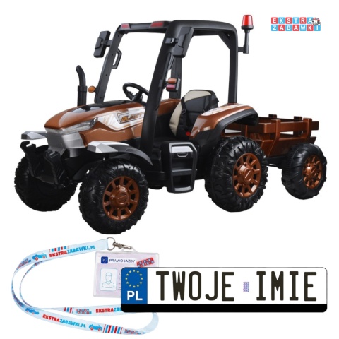 Duży traktor z przyczepą na akumulator - brązowy, 4x45W 12V/14Ah, pilot, LED, ekoskóra, pasy, panel muzyczny [PA0266]