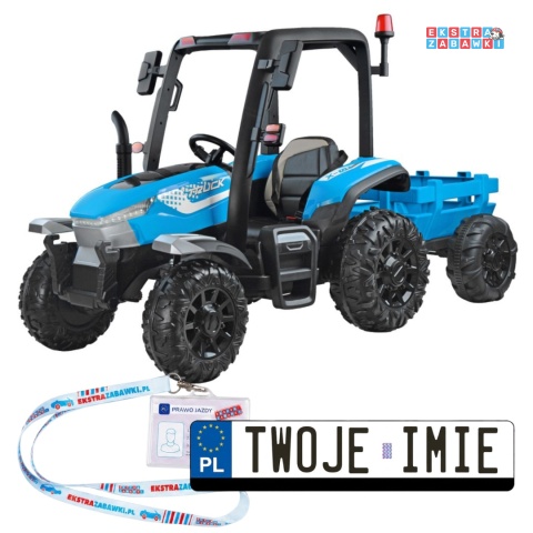 Duży traktor z przyczepą na akumulator - niebieski, 4x45W 12V/14Ah, pilot, LED, ekoskóra, pasy, panel muzyczny [PA0266]