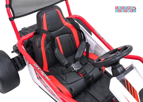 Gokart Tornado z funkcją driftu na akumulator - czerwony, 2x150W 24V/7Ah, pięciopunktowe pasy, ekoskóra [DM-108.DRIFT]