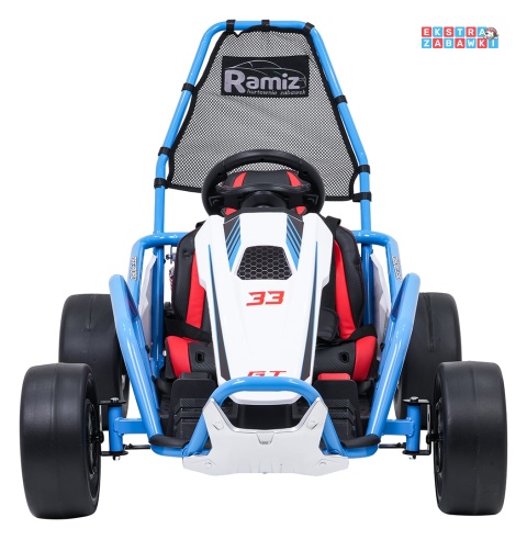 Gokart Tornado z funkcją driftu na akumulator - niebieski, 2x150W 24V/7Ah, pięciopunktowe pasy, ekoskóra [DM-108.DRIFT]