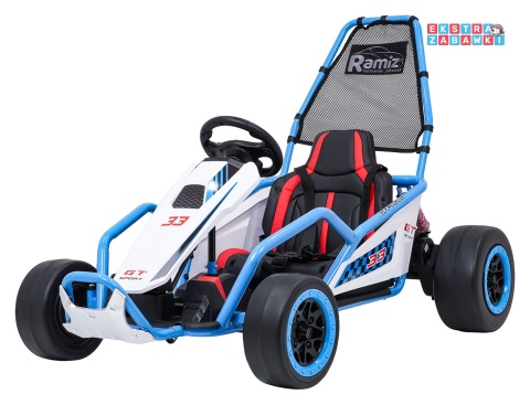 Gokart Tornado z funkcją driftu na akumulator - niebieski, 2x150W 24V/7Ah, pięciopunktowe pasy, ekoskóra [DM-108.DRIFT]