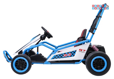 Gokart Tornado z funkcją driftu na akumulator - niebieski, 2x150W 24V/7Ah, pięciopunktowe pasy, ekoskóra [DM-108.DRIFT]