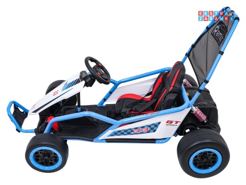 Gokart Tornado z funkcją driftu na akumulator - niebieski, 2x150W 24V/7Ah, pięciopunktowe pasy, ekoskóra [DM-108.DRIFT]