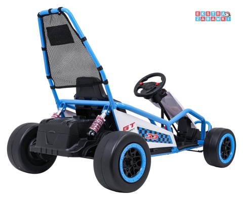 Gokart Tornado z funkcją driftu na akumulator - niebieski, 2x150W 24V/7Ah, pięciopunktowe pasy, ekoskóra [DM-108.DRIFT]