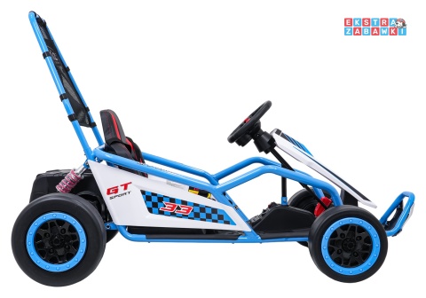 Gokart Tornado z funkcją driftu na akumulator - niebieski, 2x150W 24V/7Ah, pięciopunktowe pasy, ekoskóra [DM-108.DRIFT]