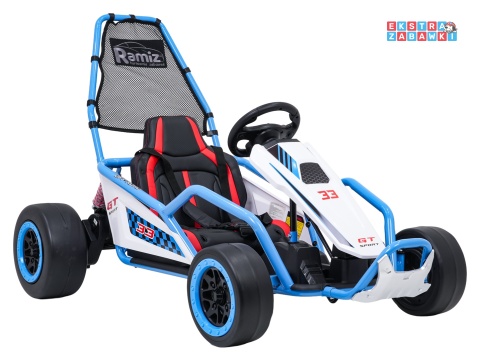 Gokart Tornado z funkcją driftu na akumulator - niebieski, 2x150W 24V/7Ah, pięciopunktowe pasy, ekoskóra [DM-108.DRIFT]