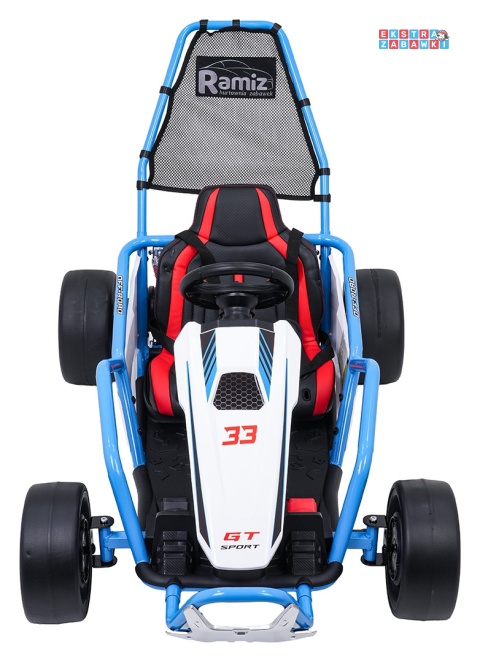 Gokart Tornado z funkcją driftu na akumulator - niebieski, 2x150W 24V/7Ah, pięciopunktowe pasy, ekoskóra [DM-108.DRIFT]