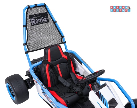 Gokart Tornado z funkcją driftu na akumulator - niebieski, 2x150W 24V/7Ah, pięciopunktowe pasy, ekoskóra [DM-108.DRIFT]