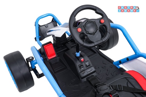 Gokart Tornado z funkcją driftu na akumulator - niebieski, 2x150W 24V/7Ah, pięciopunktowe pasy, ekoskóra [DM-108.DRIFT]
