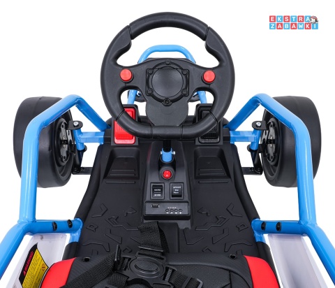 Gokart Tornado z funkcją driftu na akumulator - niebieski, 2x150W 24V/7Ah, pięciopunktowe pasy, ekoskóra [DM-108.DRIFT]