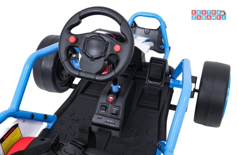 Gokart Tornado z funkcją driftu na akumulator - niebieski, 2x150W 24V/7Ah, pięciopunktowe pasy, ekoskóra [DM-108.DRIFT]