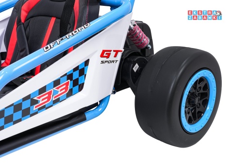 Gokart Tornado z funkcją driftu na akumulator - niebieski, 2x150W 24V/7Ah, pięciopunktowe pasy, ekoskóra [DM-108.DRIFT]