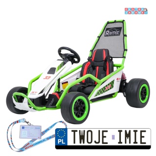 Gokart Tornado z funkcją driftu na akumulator - zielony, 2x150W 24V/7Ah, pięciopunktowe pasy, ekoskóra [DM-108.DRIFT]