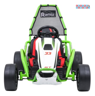 Gokart Tornado z funkcją driftu na akumulator - zielony, 2x150W 24V/7Ah, pięciopunktowe pasy, ekoskóra [DM-108.DRIFT]