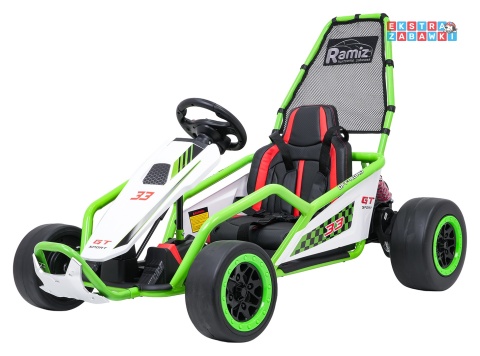 Gokart Tornado z funkcją driftu na akumulator - zielony, 2x150W 24V/7Ah, pięciopunktowe pasy, ekoskóra [DM-108.DRIFT]