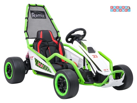 Gokart Tornado z funkcją driftu na akumulator - zielony, 2x150W 24V/7Ah, pięciopunktowe pasy, ekoskóra [DM-108.DRIFT]