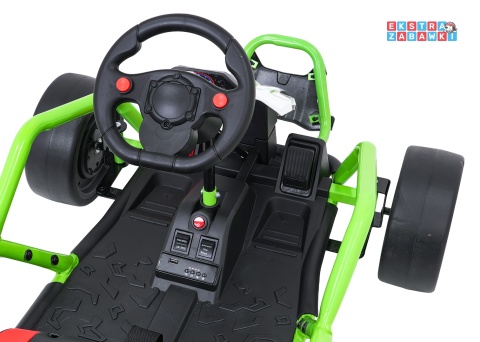 Gokart Tornado z funkcją driftu na akumulator - zielony, 2x150W 24V/7Ah, pięciopunktowe pasy, ekoskóra [DM-108.DRIFT]