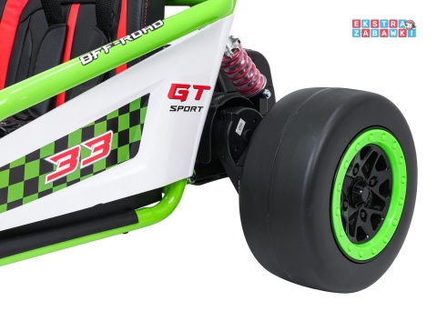 Gokart Tornado z funkcją driftu na akumulator - zielony, 2x150W 24V/7Ah, pięciopunktowe pasy, ekoskóra [DM-108.DRIFT]