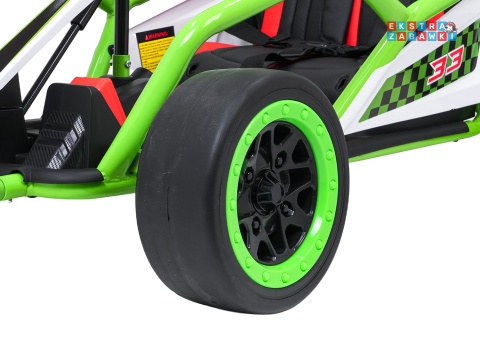 Gokart Tornado z funkcją driftu na akumulator - zielony, 2x150W 24V/7Ah, pięciopunktowe pasy, ekoskóra [DM-108.DRIFT]