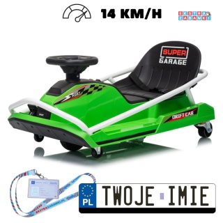 Gokart z funkcją driftu na akumulator - zielony, 1x200W 24V/7Ah, silnik bezszczotkowy, do 50kg [PA0339]