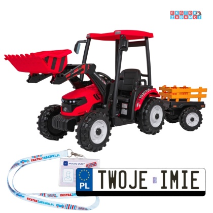 Mega traktor D68 z łyżką na akumulator - czerwony, 2x200W, 24V/10Ah, ekoskóra, pilot, LED [JS3158B]