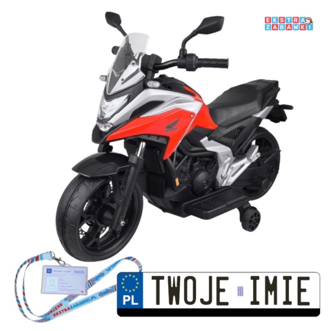 Motorek HONDA NC750X na akumulator - czerwony, 2x35W 12V/4.5Ah, panel muzyczny, LED, boczne kółka, elektryczny hamulec [PA0314]