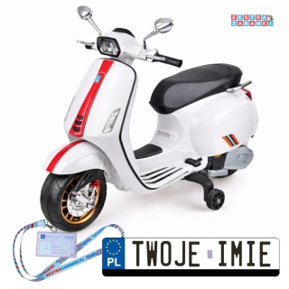 Motorek skuter VESPA na akumulator - biały, 2x25W 12V/4.5Ah, wolny start, panel muzyczny, elektryczny hamulec [PA0344]