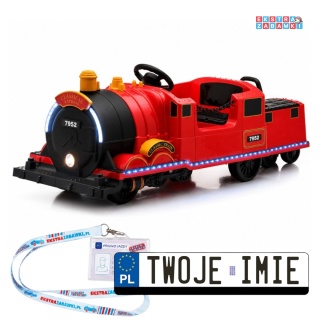 Pociąg lokomotywa i wagonik na akumulator - czerwony, 2x35W 12V/7Ah, pilot, pas, LED, panel muzyczny [PA0348]
