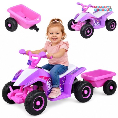 Quad z przyczepką na akumulator - różowy, 6V/4.5Ah, efekty świetlne, do 3 km/h, odpinana przyczepka [PA0351]