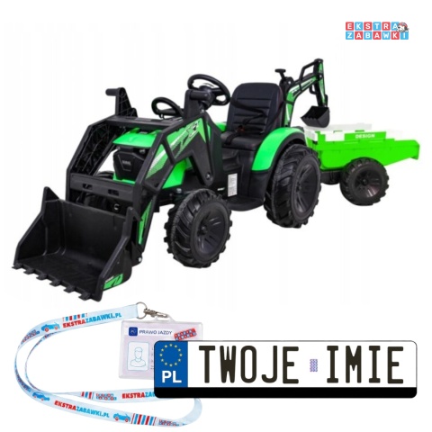 Traktor 720-T z przyczepą i łyżką na akumulator - zielony, 2x200W, ekoskóra, pilot, MP3 [SX2068]