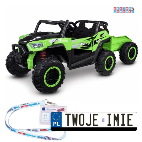 Buggy z przyczepą dwuosobowy na akumulator - zielony, 4x4 24V/7Ah, do 8 km/h, pilot, EVA, ekoskóra, wolny start, pas [PA0342]