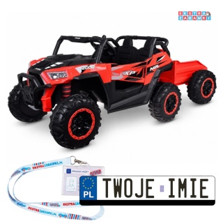 Buggy z przyczepą dwuosobowy na akumulator - czerwony, 4x4 24V/7Ah, do 8 km/h, pilot, EVA, ekoskóra, wolny start, pas [PA0342]
