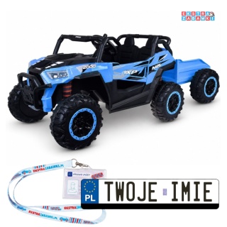 Buggy z przyczepą dwuosobowy na akumulator - niebieski, 4x4 24V/7Ah, do 8 km/h, pilot, EVA, ekoskóra, wolny start, pas [PA0342]