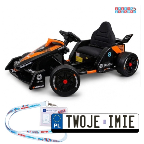 Bolid Formuła E McLaren NEOM na akumulator - pomarańczowy, 2x45W 12V/7Ah, pilot, EVA, pas, ekoskóra, panel muzyczny [PA0346]