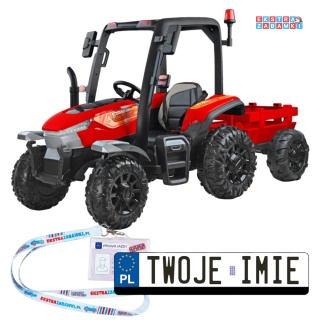 Duży traktor z przyczepą na akumulator - czerwony, 4x45W 12V/14Ah, pilot, LED, ekoskóra, pasy, panel muzyczny [PA0266]