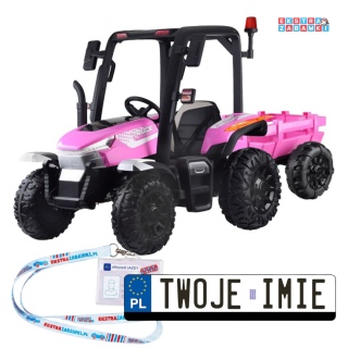 Duży traktor z przyczepą na akumulator - różowy, 4x45W 12V/14Ah, pilot, LED, ekoskóra, pasy, panel muzyczny [PA0266]