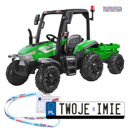 Duży traktor z przyczepą na akumulator - zielony, 4x45W 12V/14Ah, pilot, LED, ekoskóra, pasy, panel muzyczny [PA0266]