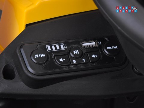 Koparko ładowarka na akumulator - żółty, 2x30W 12V/7Ah, pilot, do 5 km/h, obrotowe siedzenie, pas, Bluetooth [ZA5612]