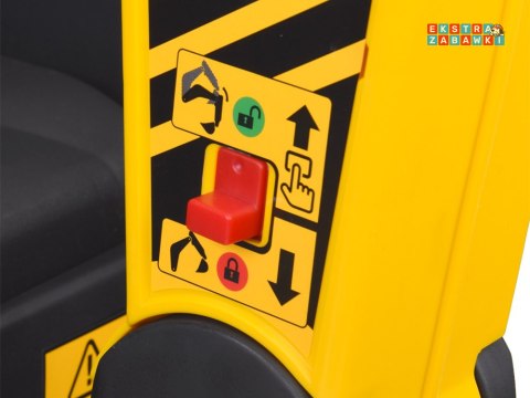 Koparko ładowarka na akumulator - żółty, 2x30W 12V/7Ah, pilot, do 5 km/h, obrotowe siedzenie, pas, Bluetooth [ZA5612]