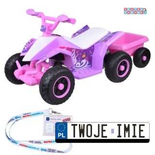 Quad z przyczepką na akumulator - różowy, 6V/4.5Ah, efekty świetlne, do 3 km/h, odpinana przyczepka [PA0351]