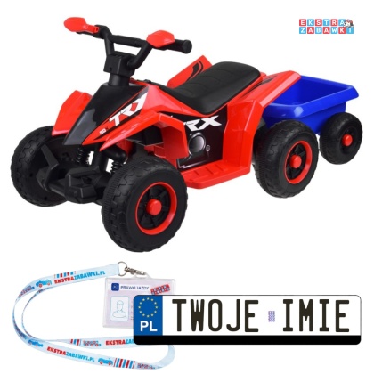 Quad z przyczepką na akumulator - czerwony, 6V/4.5Ah, efekty świetlne, do 3 km/h, odpinana przyczepka [PA0351]