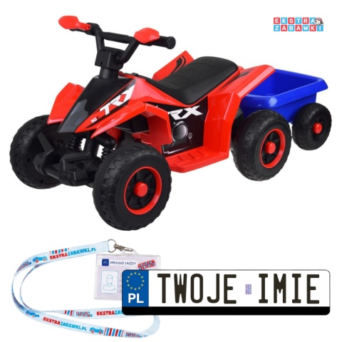 Quad z przyczepką na akumulator - czerwony, 6V/4.5Ah, efekty świetlne, do 3 km/h, odpinana przyczepka [PA0351]