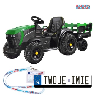 Traktor z przyczepą na akumulator - zielony, 2x35W 12V/7Ah, pilot, EVA, ekoskóra, panel muzyczny, pasy [PA0240]