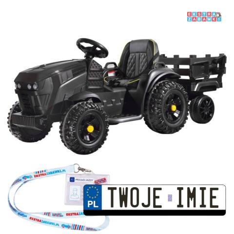 Traktor z przyczepą na akumulator - czarny, 2x35W 12V/7Ah, pilot, EVA, ekoskóra, panel muzyczny, pasy [PA0240]