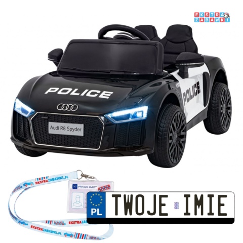 Audi R8 na akumulator - policja, 2x35W 6V/9Ah, pilot, EVA, wolny start, MP3, LED [HL1818]