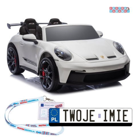 Porsche GT3 DK-P911 dwuosobowy na akumulator - biały, 2x150W 24V/10Ah, do 7 km/h, EVA, LED, ekoskóra, panel muzyczny [26790]